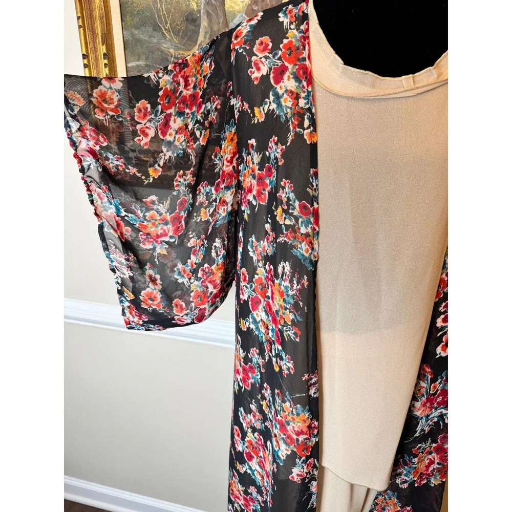 Lu Los Angeles 3 Piece Set XL Beige‎ Maxi Skirt Top Floral Sheer Duster USA